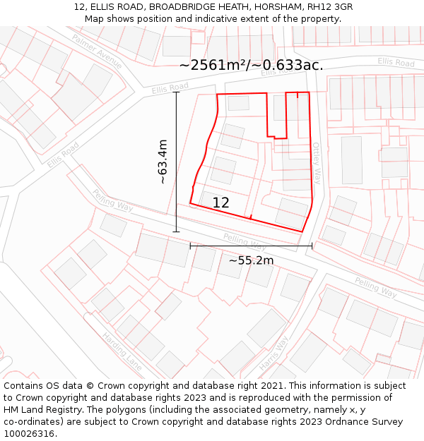 12, ELLIS ROAD, BROADBRIDGE HEATH, HORSHAM, RH12 3GR: Plot and title map