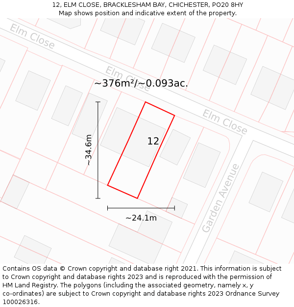 12, ELM CLOSE, BRACKLESHAM BAY, CHICHESTER, PO20 8HY: Plot and title map