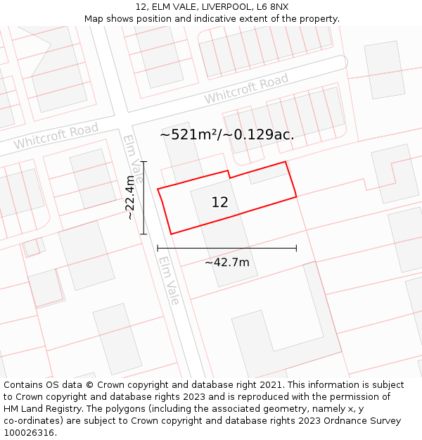 12, ELM VALE, LIVERPOOL, L6 8NX: Plot and title map