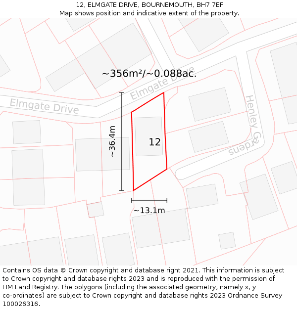 12, ELMGATE DRIVE, BOURNEMOUTH, BH7 7EF: Plot and title map