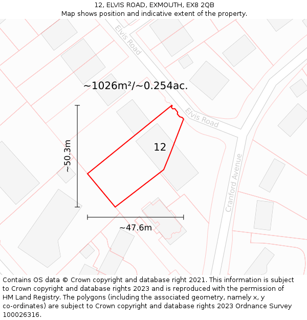 12, ELVIS ROAD, EXMOUTH, EX8 2QB: Plot and title map