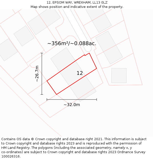 12, EPSOM WAY, WREXHAM, LL13 0LZ: Plot and title map