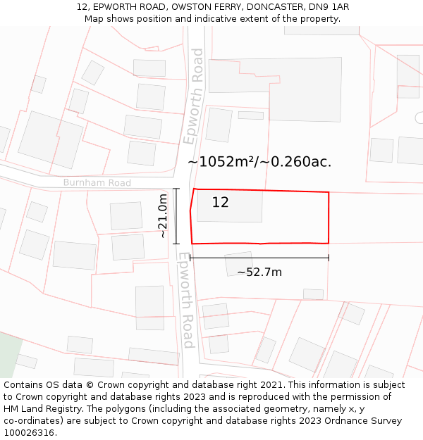 12, EPWORTH ROAD, OWSTON FERRY, DONCASTER, DN9 1AR: Plot and title map