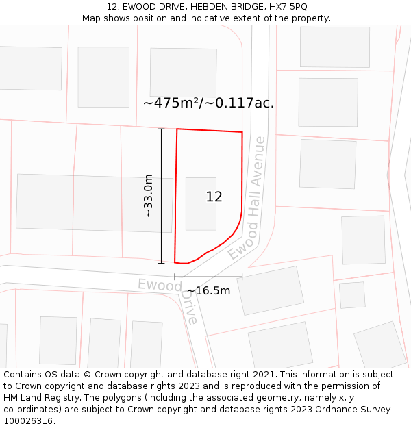 12, EWOOD DRIVE, HEBDEN BRIDGE, HX7 5PQ: Plot and title map