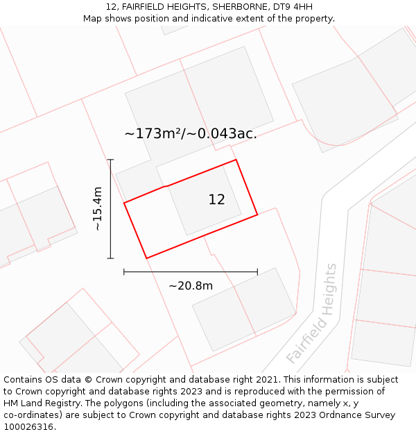 12, FAIRFIELD HEIGHTS, SHERBORNE, DT9 4HH: Plot and title map