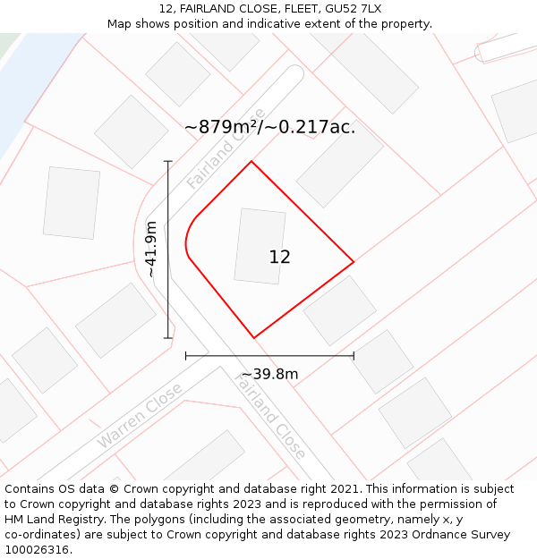 12, FAIRLAND CLOSE, FLEET, GU52 7LX: Plot and title map