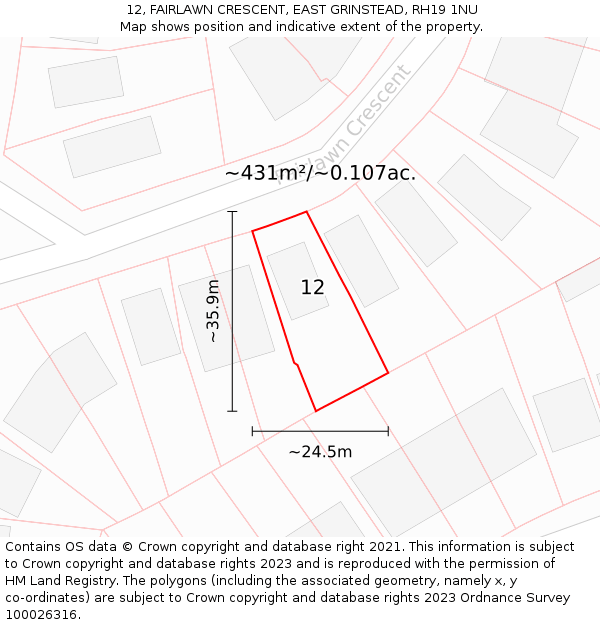 12, FAIRLAWN CRESCENT, EAST GRINSTEAD, RH19 1NU: Plot and title map