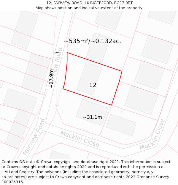 12, FAIRVIEW ROAD, HUNGERFORD, RG17 0BT: Plot and title map