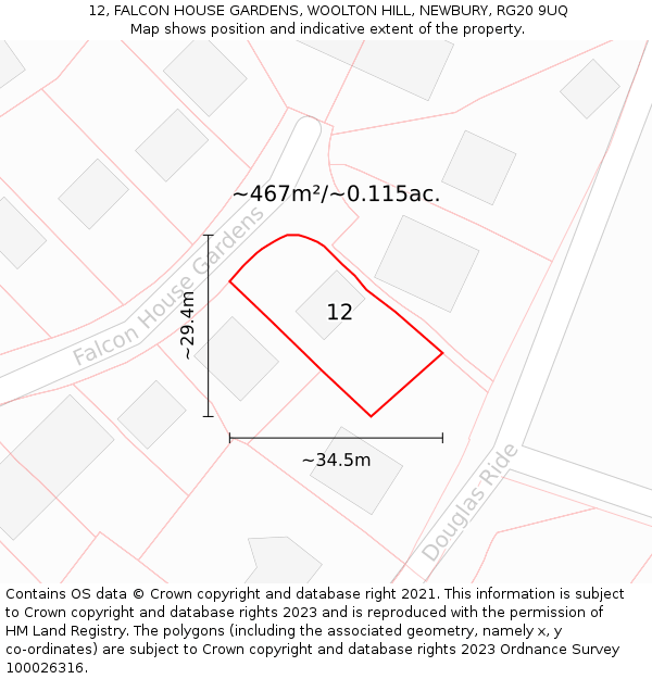 12, FALCON HOUSE GARDENS, WOOLTON HILL, NEWBURY, RG20 9UQ: Plot and title map