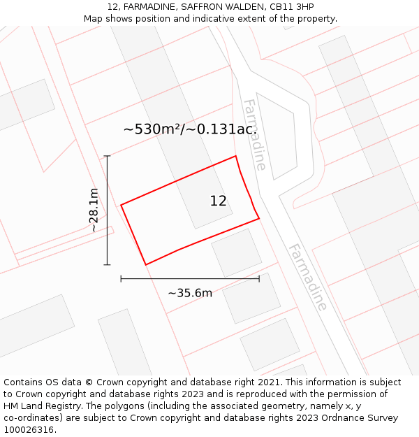 12, FARMADINE, SAFFRON WALDEN, CB11 3HP: Plot and title map