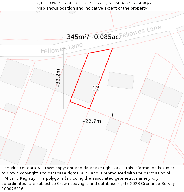 12, FELLOWES LANE, COLNEY HEATH, ST. ALBANS, AL4 0QA: Plot and title map