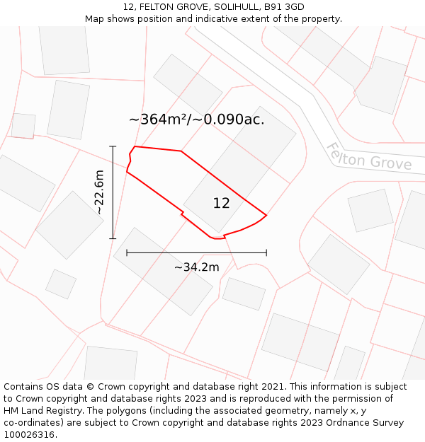 12, FELTON GROVE, SOLIHULL, B91 3GD: Plot and title map