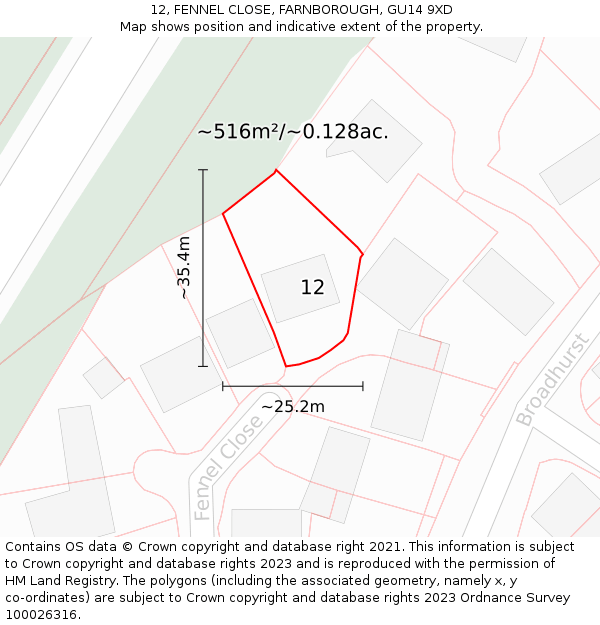 12, FENNEL CLOSE, FARNBOROUGH, GU14 9XD: Plot and title map