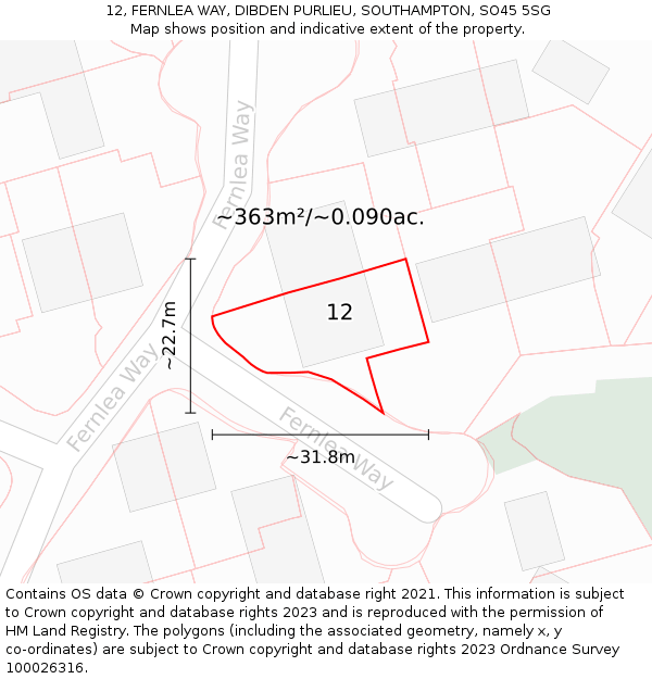 12, FERNLEA WAY, DIBDEN PURLIEU, SOUTHAMPTON, SO45 5SG: Plot and title map