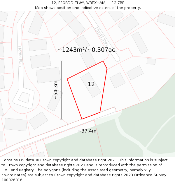 12, FFORDD ELWY, WREXHAM, LL12 7RE: Plot and title map