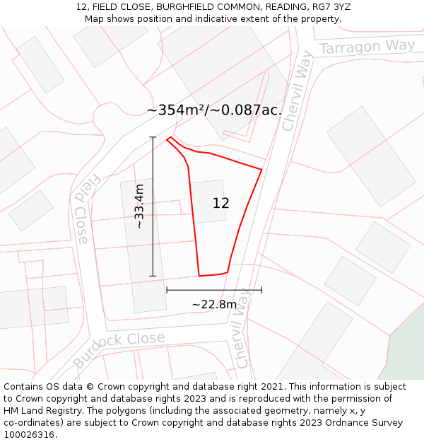 12, FIELD CLOSE, BURGHFIELD COMMON, READING, RG7 3YZ: Plot and title map