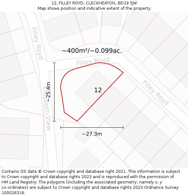 12, FILLEY ROYD, CLECKHEATON, BD19 5JW: Plot and title map