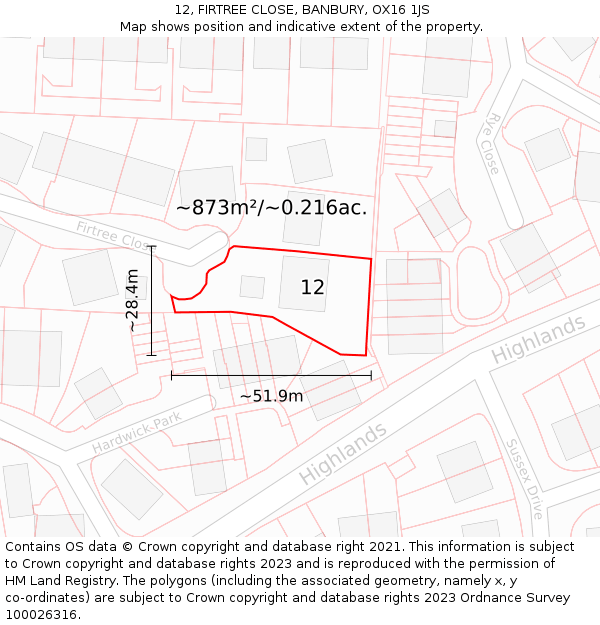 12, FIRTREE CLOSE, BANBURY, OX16 1JS: Plot and title map