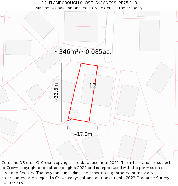 12, FLAMBOROUGH CLOSE, SKEGNESS, PE25 1HR: Plot and title map