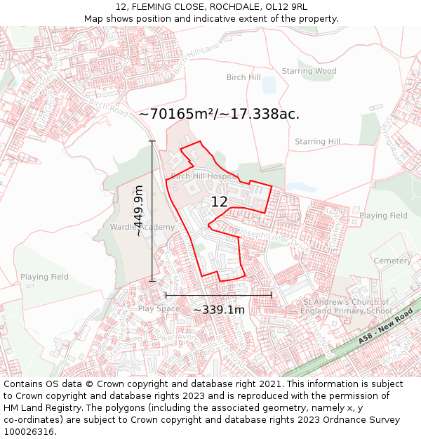 12, FLEMING CLOSE, ROCHDALE, OL12 9RL: Plot and title map