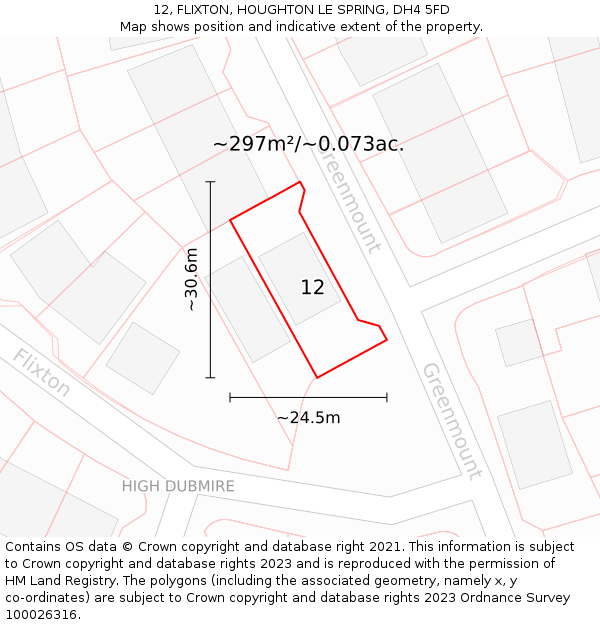 12, FLIXTON, HOUGHTON LE SPRING, DH4 5FD: Plot and title map