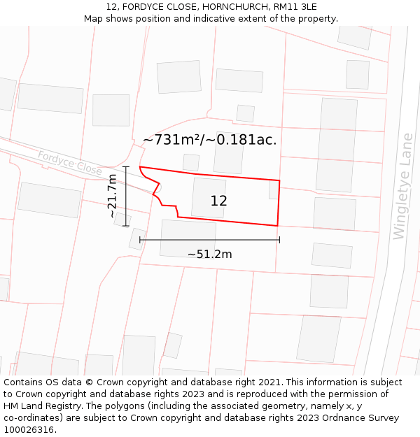 12, FORDYCE CLOSE, HORNCHURCH, RM11 3LE: Plot and title map