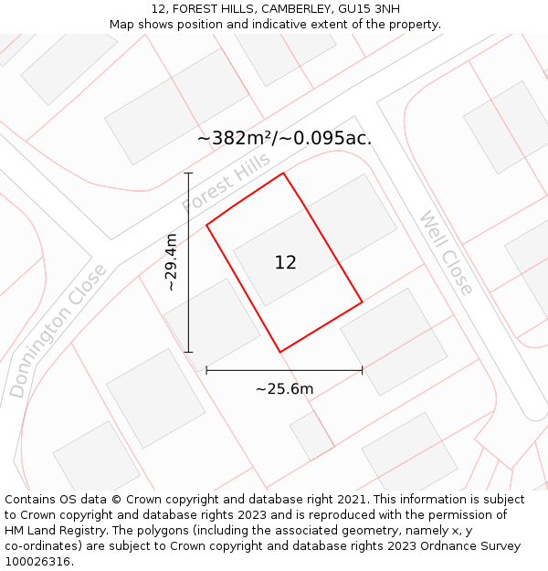 12, FOREST HILLS, CAMBERLEY, GU15 3NH: Plot and title map