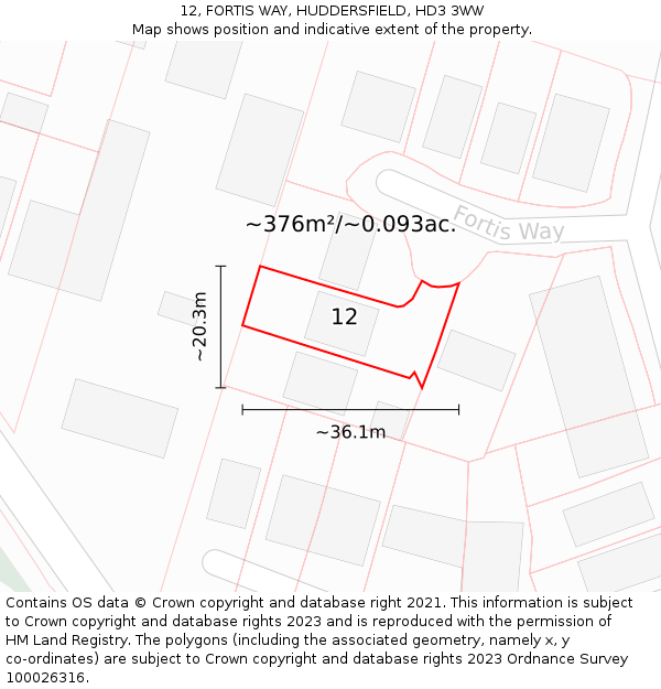 12, FORTIS WAY, HUDDERSFIELD, HD3 3WW: Plot and title map