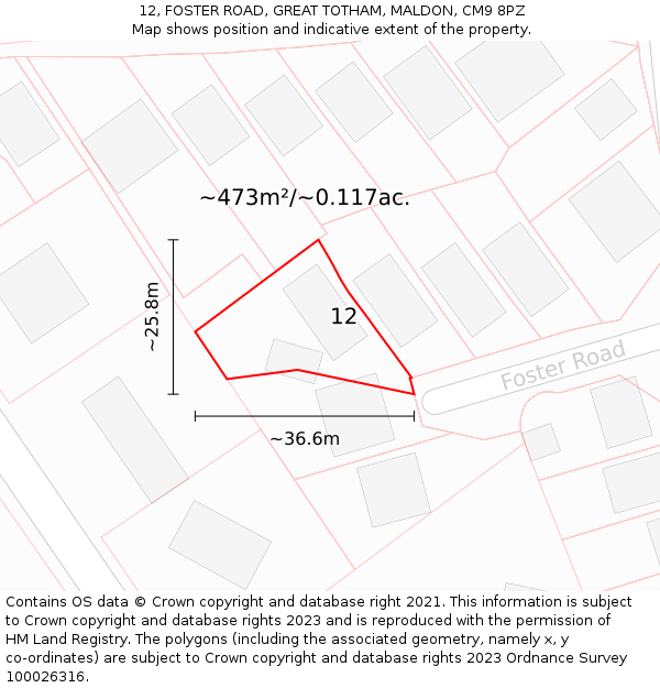 12, FOSTER ROAD, GREAT TOTHAM, MALDON, CM9 8PZ: Plot and title map