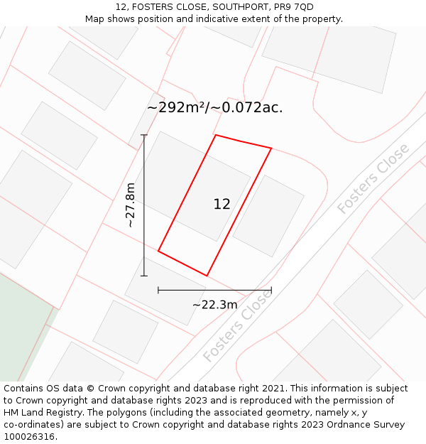 12, FOSTERS CLOSE, SOUTHPORT, PR9 7QD: Plot and title map