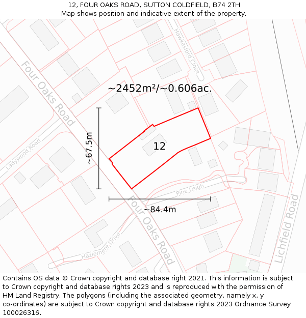 12, FOUR OAKS ROAD, SUTTON COLDFIELD, B74 2TH: Plot and title map