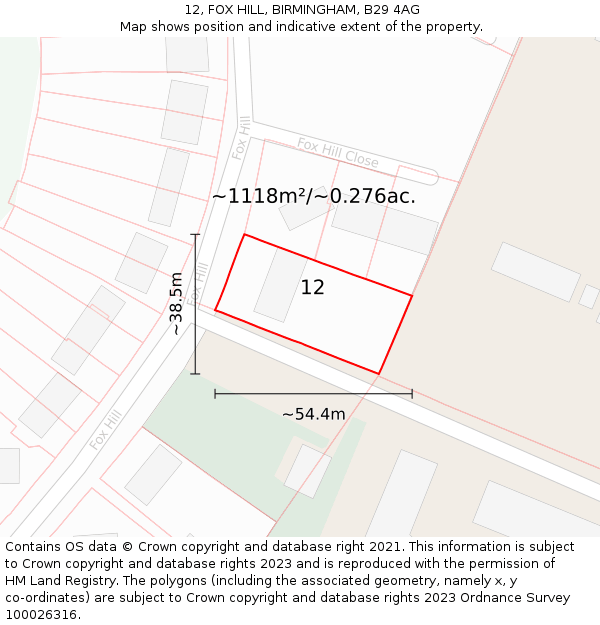 12, FOX HILL, BIRMINGHAM, B29 4AG: Plot and title map