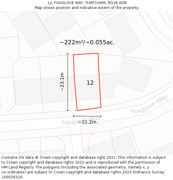 12, FOXGLOVE WAY, THATCHAM, RG18 4DB: Plot and title map