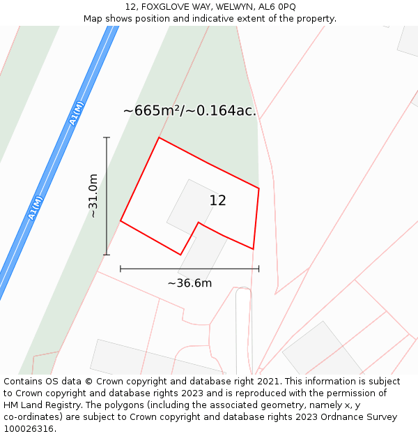 12, FOXGLOVE WAY, WELWYN, AL6 0PQ: Plot and title map