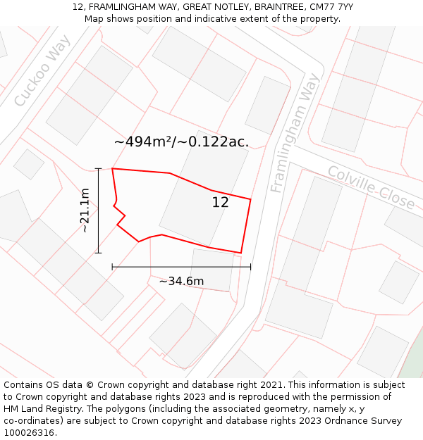 12, FRAMLINGHAM WAY, GREAT NOTLEY, BRAINTREE, CM77 7YY: Plot and title map