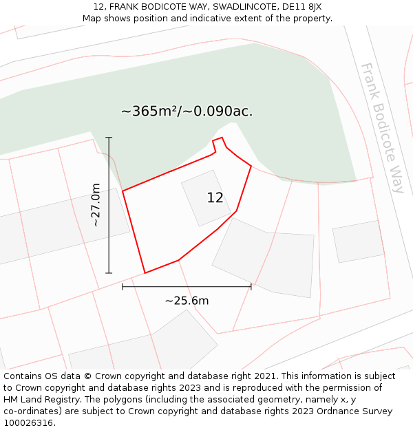 12, FRANK BODICOTE WAY, SWADLINCOTE, DE11 8JX: Plot and title map