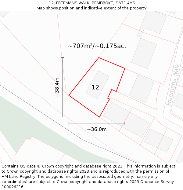 12, FREEMANS WALK, PEMBROKE, SA71 4AS: Plot and title map