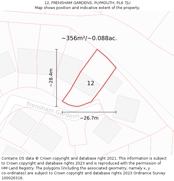 12, FRENSHAM GARDENS, PLYMOUTH, PL6 7JU: Plot and title map