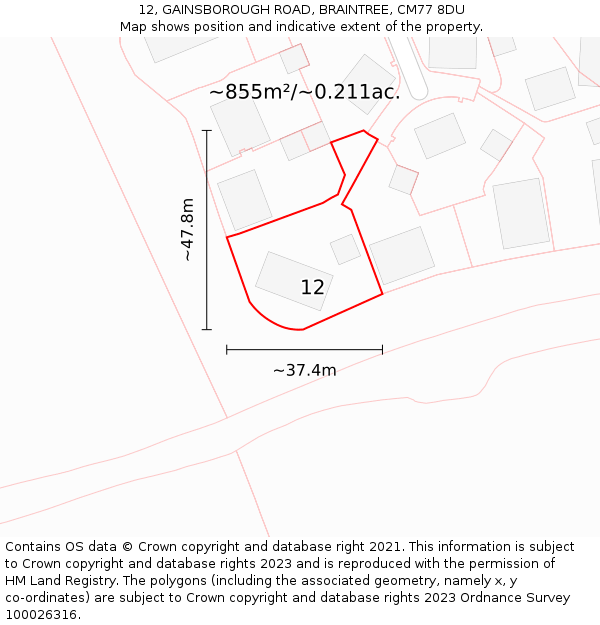 12, GAINSBOROUGH ROAD, BRAINTREE, CM77 8DU: Plot and title map