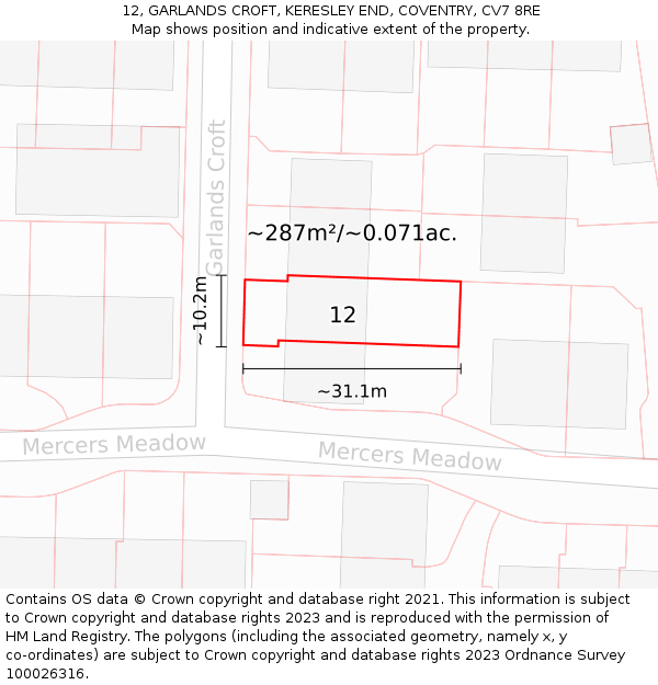 12, GARLANDS CROFT, KERESLEY END, COVENTRY, CV7 8RE: Plot and title map