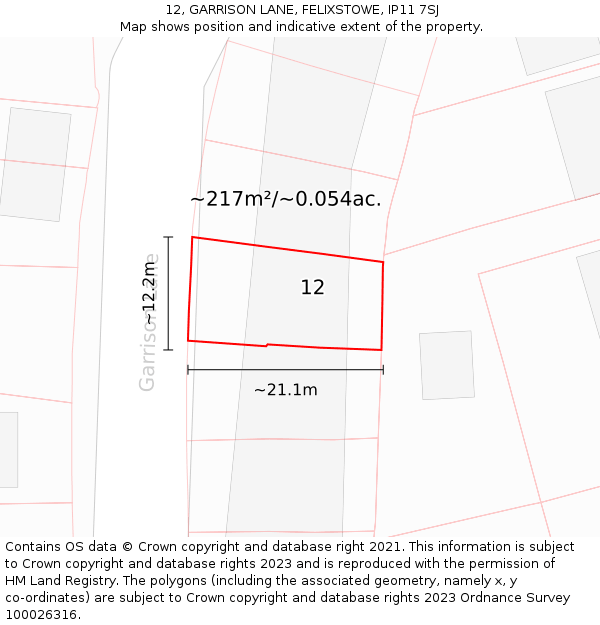 12, GARRISON LANE, FELIXSTOWE, IP11 7SJ: Plot and title map