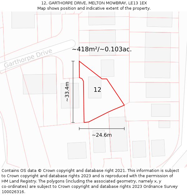 12, GARTHORPE DRIVE, MELTON MOWBRAY, LE13 1EX: Plot and title map