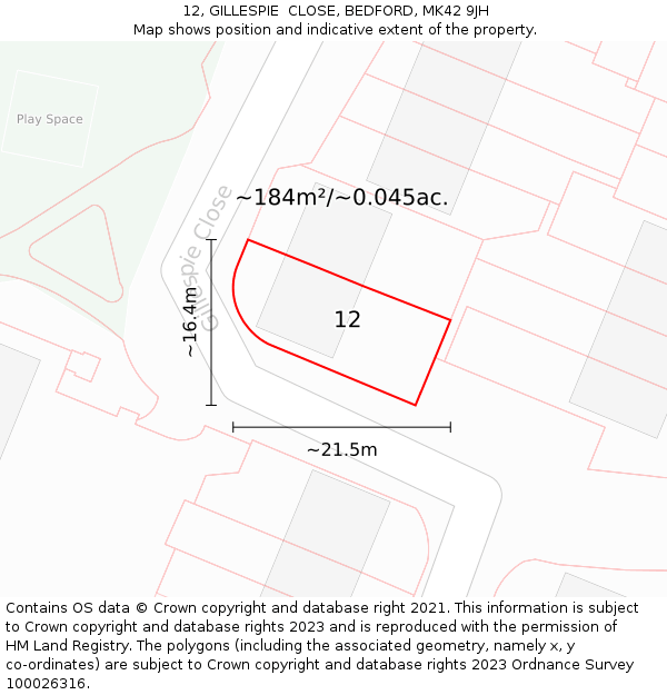 12, GILLESPIE  CLOSE, BEDFORD, MK42 9JH: Plot and title map