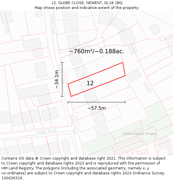 12, GLEBE CLOSE, NEWENT, GL18 1BQ: Plot and title map