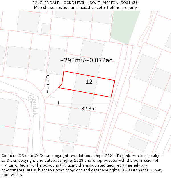 12, GLENDALE, LOCKS HEATH, SOUTHAMPTON, SO31 6UL: Plot and title map