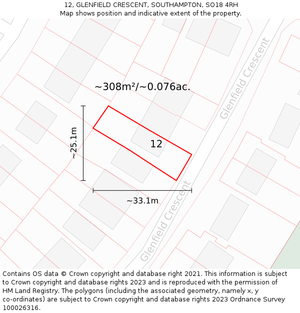 12, GLENFIELD CRESCENT, SOUTHAMPTON, SO18 4RH: Plot and title map