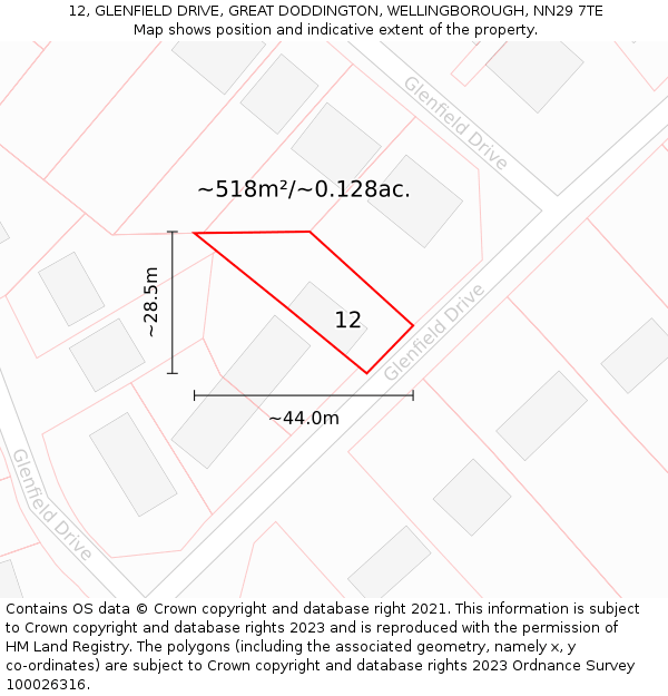 12, GLENFIELD DRIVE, GREAT DODDINGTON, WELLINGBOROUGH, NN29 7TE: Plot and title map