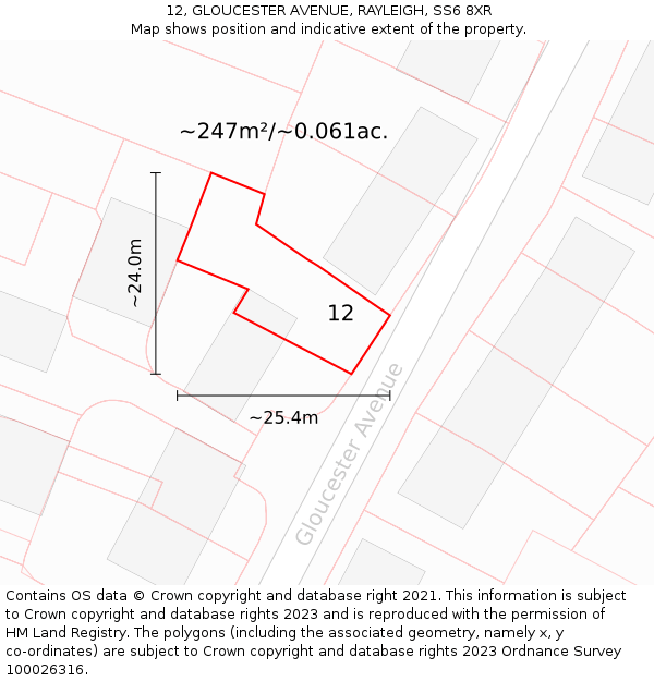 12, GLOUCESTER AVENUE, RAYLEIGH, SS6 8XR: Plot and title map