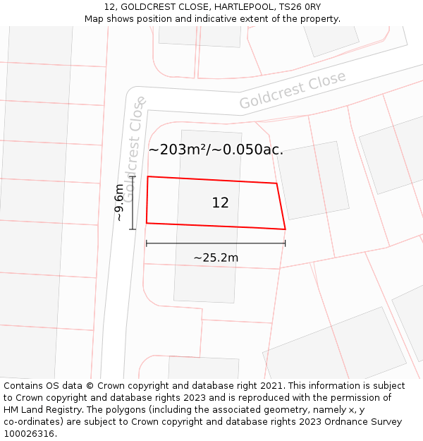 12, GOLDCREST CLOSE, HARTLEPOOL, TS26 0RY: Plot and title map