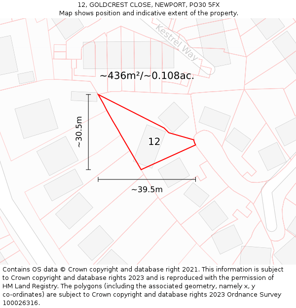 12, GOLDCREST CLOSE, NEWPORT, PO30 5FX: Plot and title map